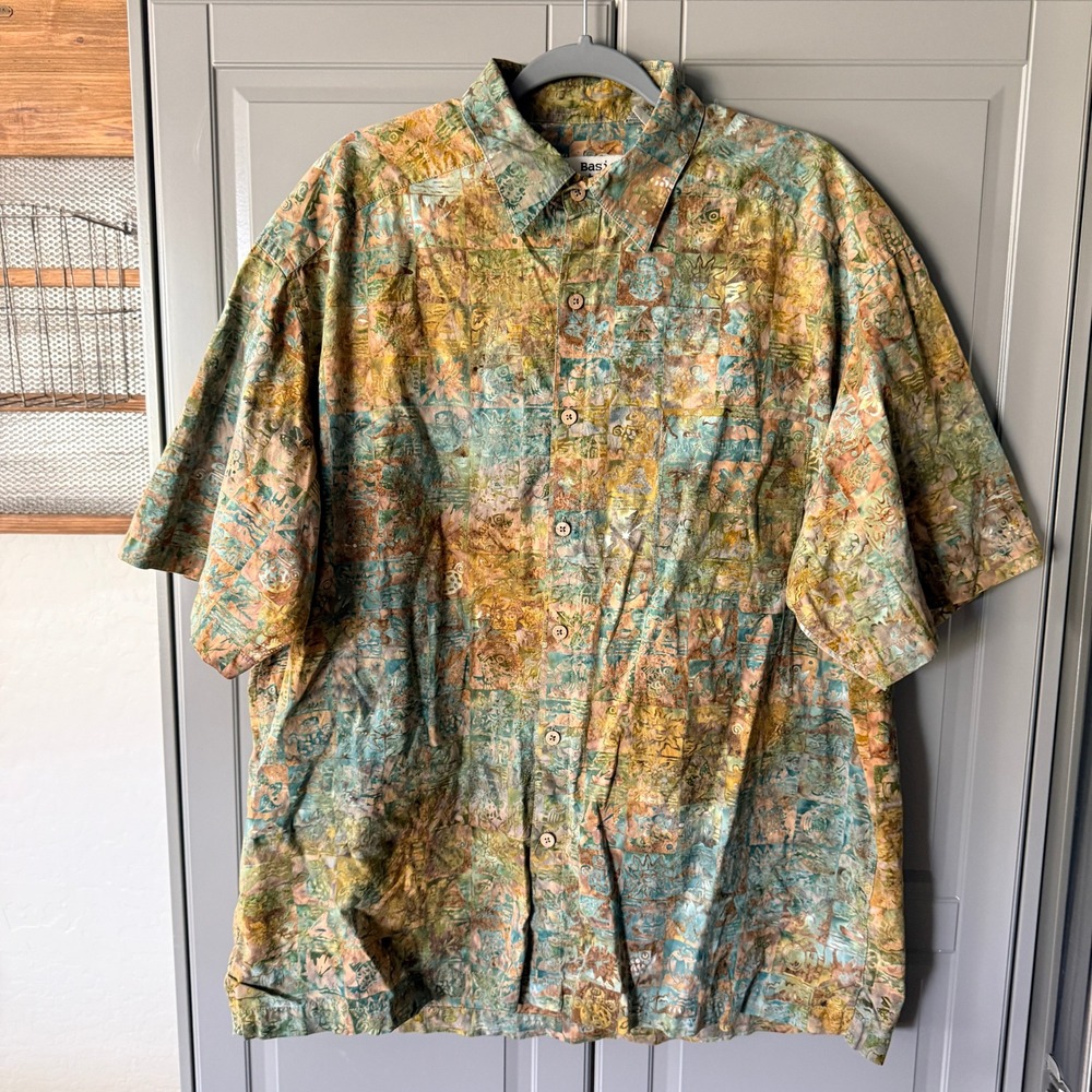Basic Options Mens Batik Block Print Short Sleeve Button Shirt, Brown/ Teal, XL